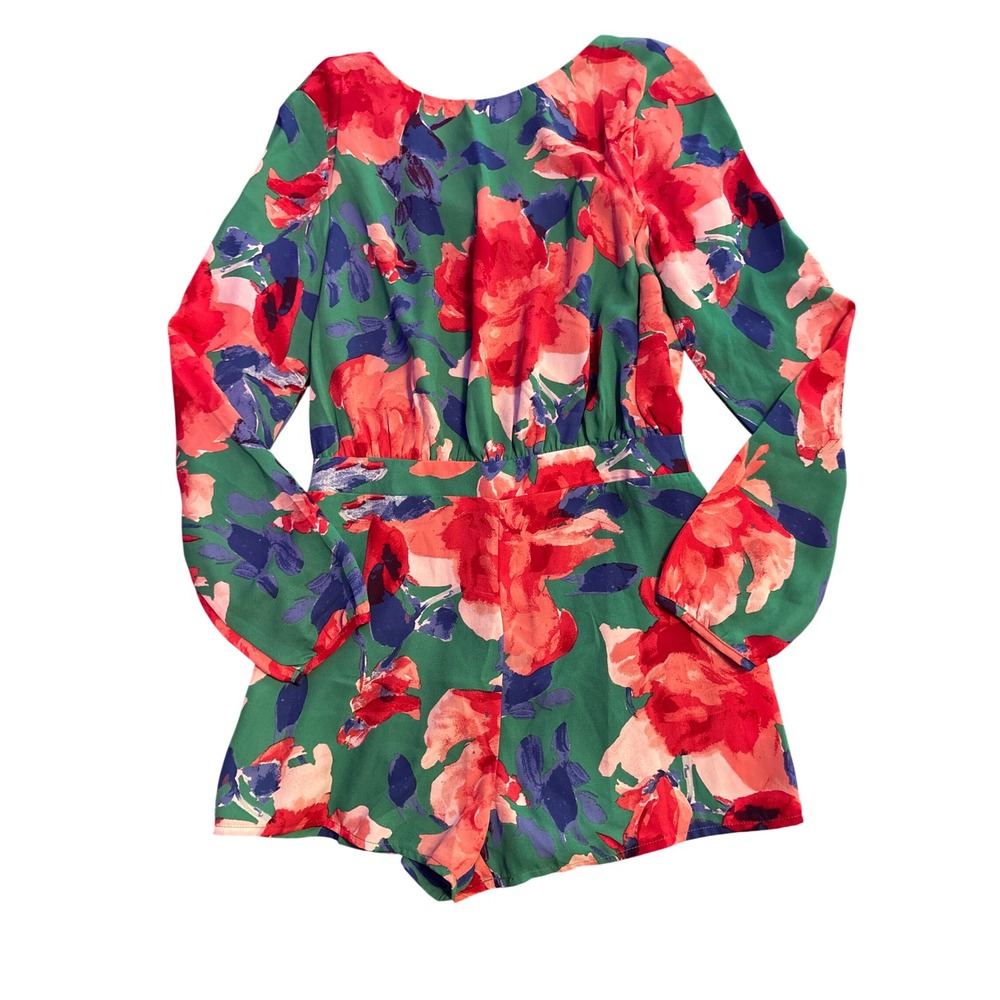 NEW Lulus Green Red Floral Open Back Long Sleeve Romper Women's S